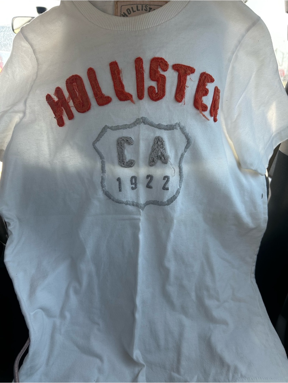 Hollister White Short Sleeve Tee with Red Appliqué and Gray Shield